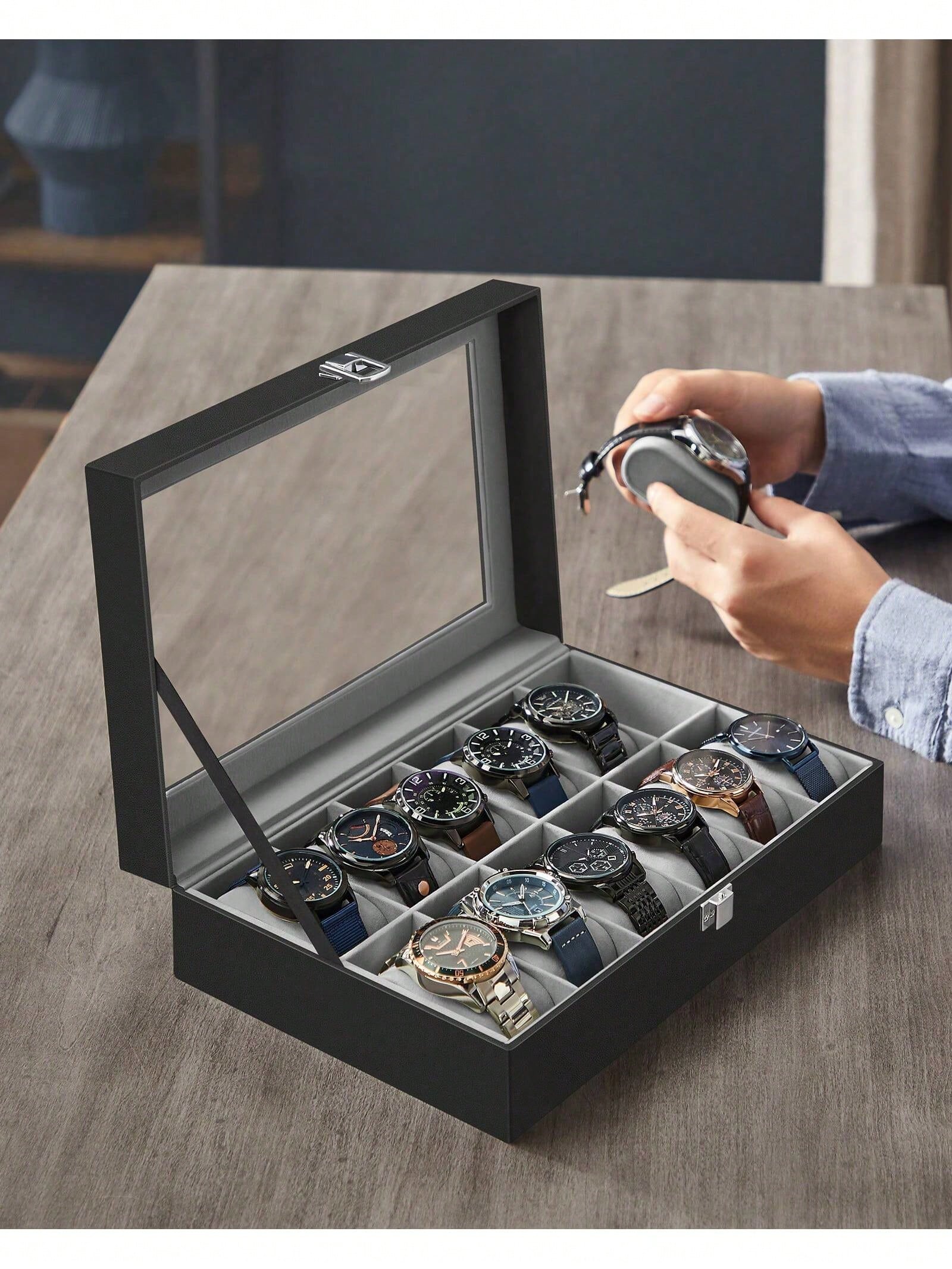 유리 뚜껑과 서랍이 있는 12슬롯 잠금식 시계 상자,  - Jewelry And Watches Box 리뷰 및 가격